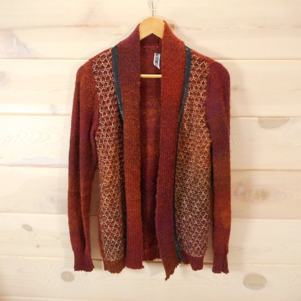 BKE Women’s Size Large Cardigan Rust with Gold Accents Faux Leather Trim